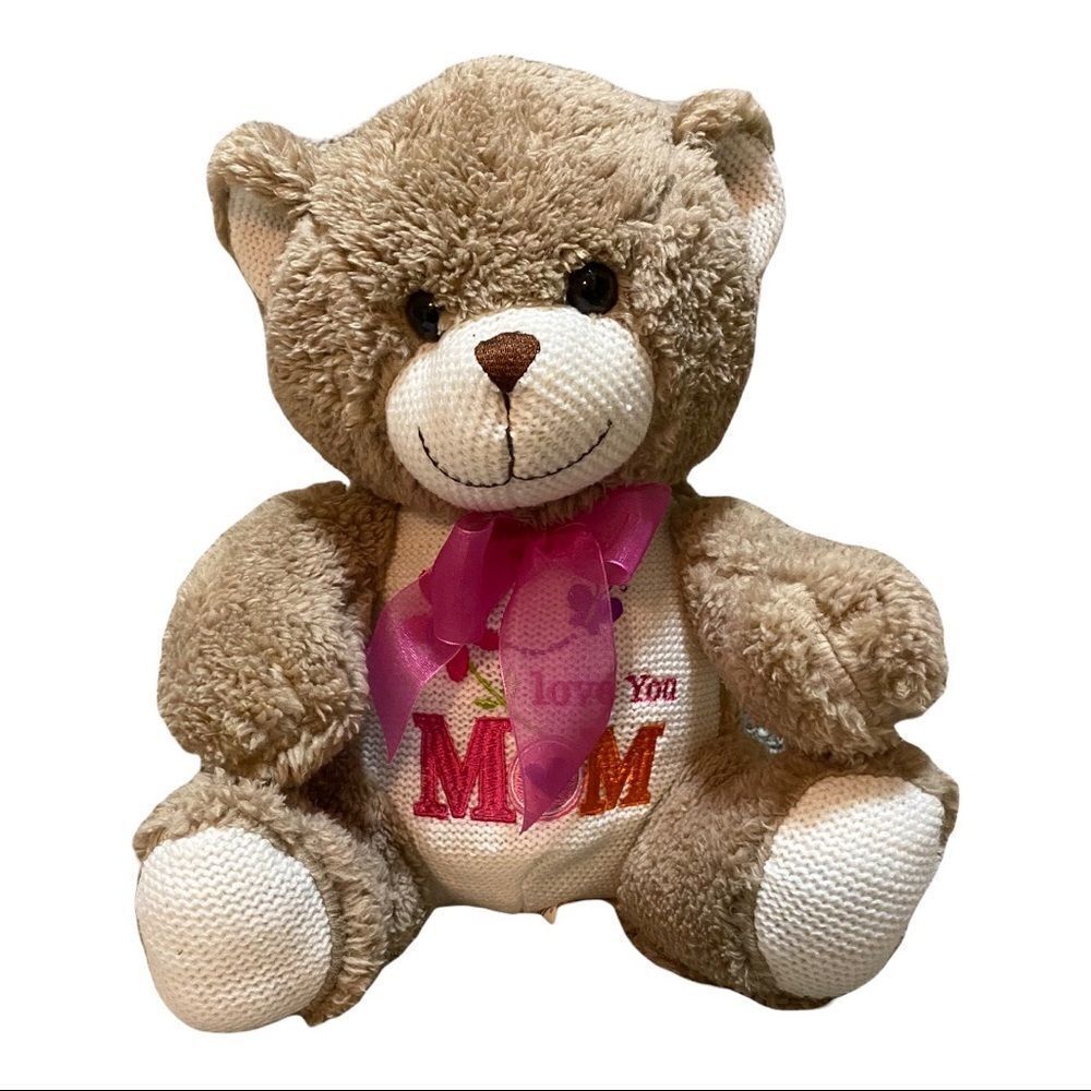 DanDee Plush Brown Teddy Bear Knitted Belly Embroidered "LOVE YOU MOM" Bear EUC